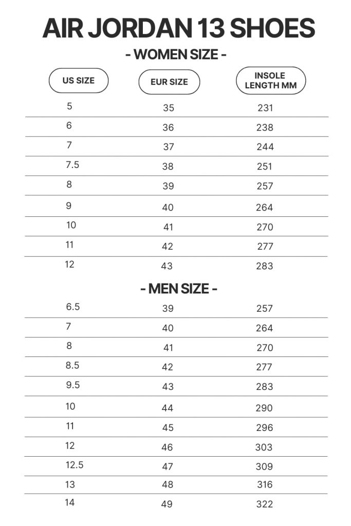 Air Jordan 13 Shoes Size Chart - My Hero Academia Store