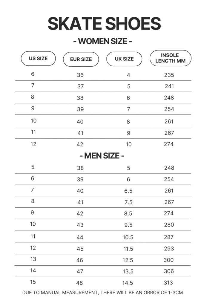 Skate Shoes Size Chart - My Hero Academia Store