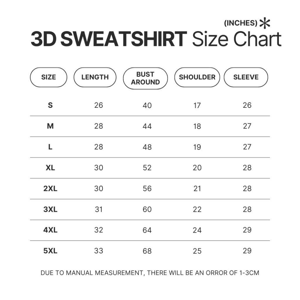 3D Sweatshirt Size Chart - My Hero Academia Store