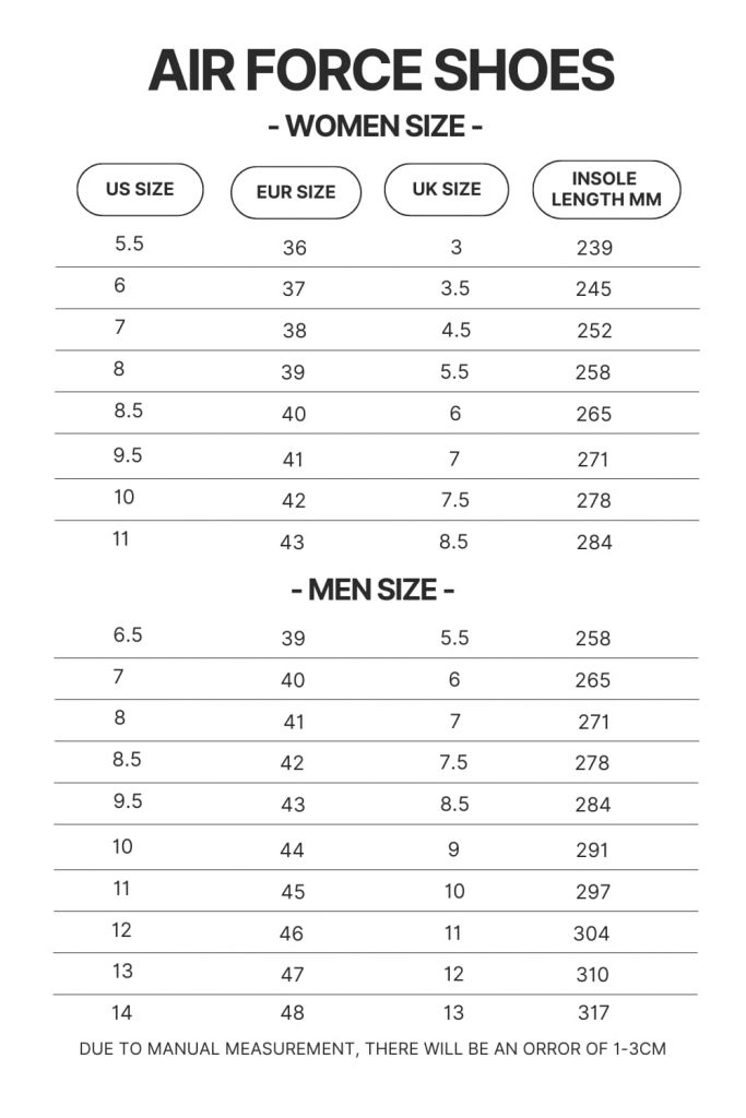 Air Force Shoes Size Chart 2 - My Hero Academia Store