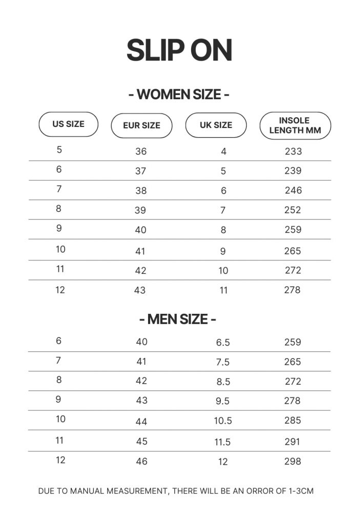 Slip On Size Chart 1 1 - My Hero Academia Store